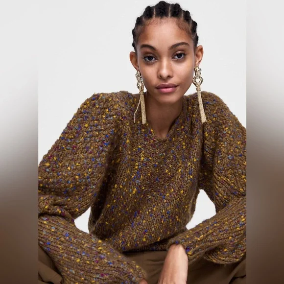 *SOLD* Zara Knit Multicolor Balloon Sleeve Sweater Brown - Picture 15 of 15